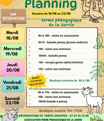 Ferme pédagogique de la Jarrie – programme de la semaine du 18 au 22 août