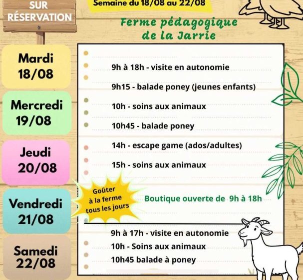 Ferme pédagogique de la Jarrie – programme de la semaine du 18 au 22 août