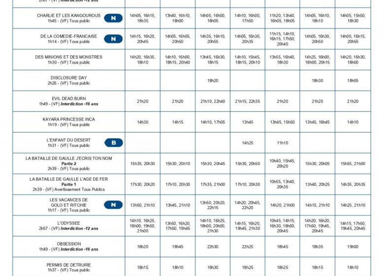 PROGRAMMATION DU CINEVILLE 22 JUILLET AU 28 JUILLET