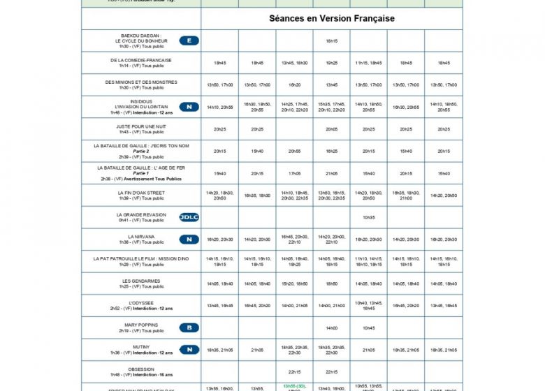 PROGRAMMATION DU CINEVILLE 19 AOUT AU 25 AOUT