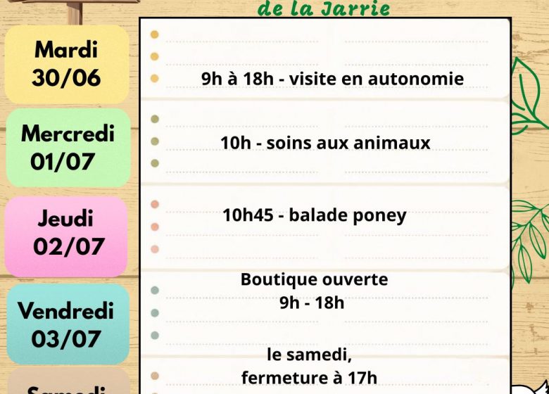 Ferme pédagogique de la Jarrie – programme de la semaine du 30 juin au 4 juillet
