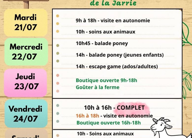 Ferme pédagogique de la Jarrie – programme de la semaine du 21 au 25 juillet