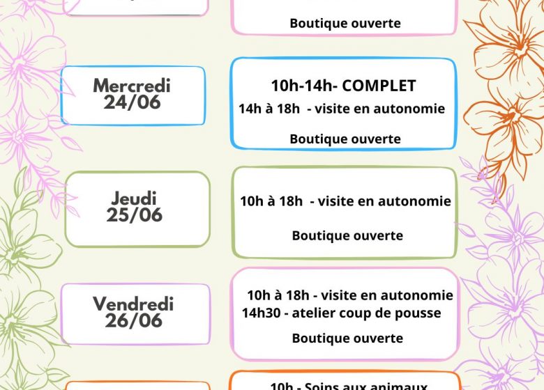 Ferme pédagogique de la Jarrie – programme de la semaine du 23 au 27 juin